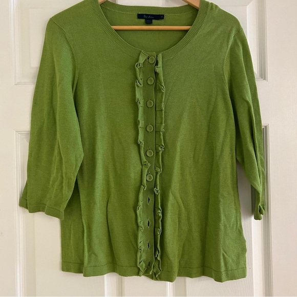 BODEN Cotton Ruffle Button Cardigan in Apple Green - Picture 2 of 12